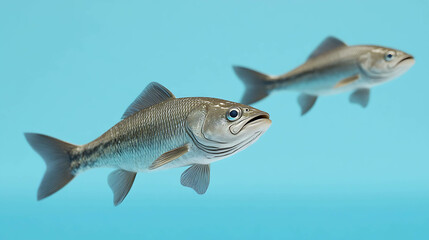 Two fish swimming in a blue tank.