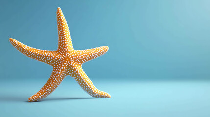 A yellow starfish with white dots sits on a light blue background.