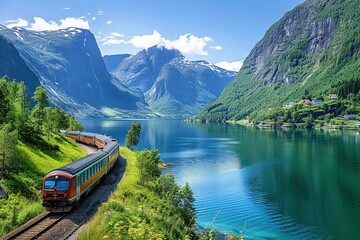 the train is surrounded by lush green trees and the landscape is serene