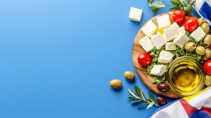 A vibrant platter featuring fresh cheese, olives, tomatoes, and olive oil, perfect for Mediterranean cuisine enthusiasts.