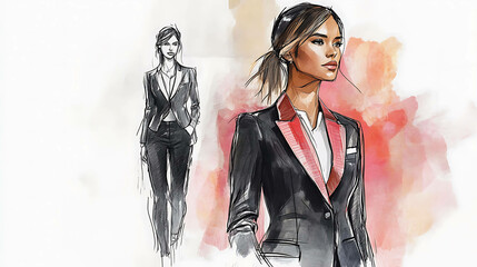 A fashion illustration of a woman in a black suit with a red lapel.