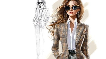 Sticker - Fashion illustration of a woman in a plaid blazer and sunglasses.