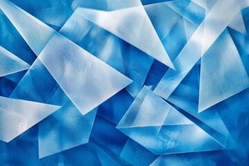 A collection of translucent blue and white geometric shapes resembling ice or glass, creating an abstract visual effect.