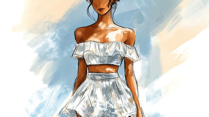 Fashion illustration of a woman in a white off-the-shoulder top and skirt.