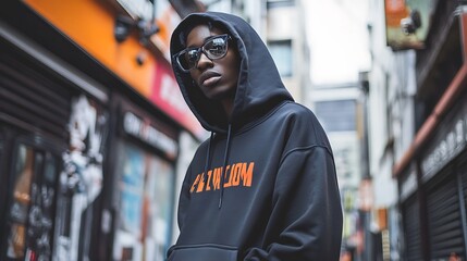 Young man wearing a black hoodie and sunglasses.