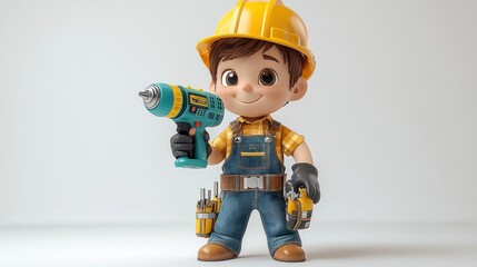 3d flexible knotte3d cartoon human han3d holds green electric drill professional builder with equipment construction tool renovation service clip art isolate3d on white background