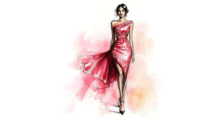 Sticker - A fashion illustration of a woman in a red dress walking on a runway.