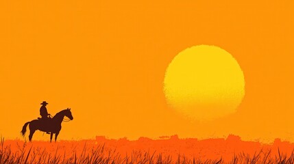 Wall Mural - Silhouette of a Cowboy Riding a Horse at Sunset