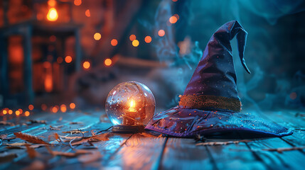 A witch's hat and broomstick lying on a wooden floor with a glowing crystal ball nearby