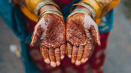 Intricate henna patterns adorn both hands, symbolizing tradition and artistry, as they are presented in a colorful outdoor setting during a cultural event