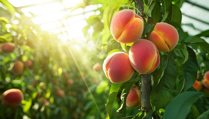 Wall Mural - A close-up of ripe peaches hanging on a tree in a sunlit greenhouse, showcasing their vibrant colors and lush leaves.