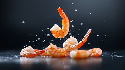 Fresh shrimp jumping over dark background, showcasing water splashes, ideal for culinary or seafood-themed projects.