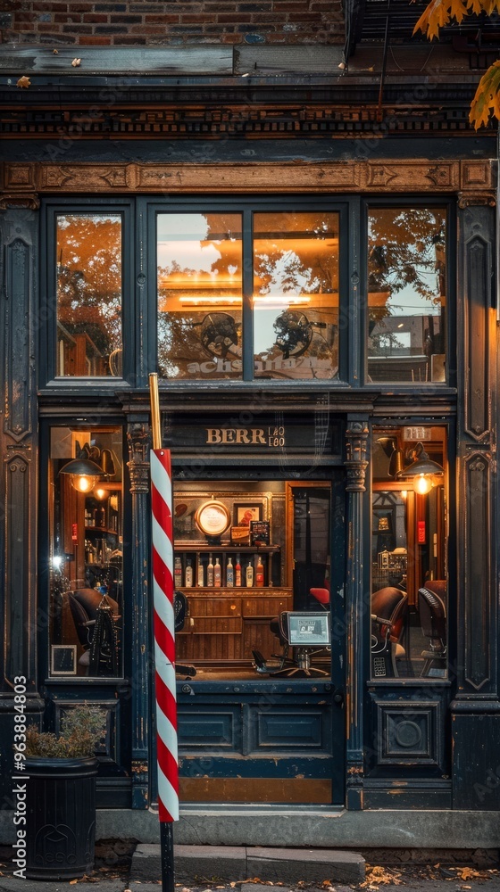 storefront of A traditional barber shop with a vintage barber pole ...