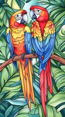 two macaws perched on a branch in a lush tropical setting