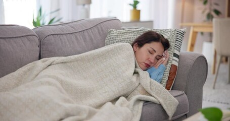 Canvas Print - Tired, sick and woman on sofa with tissue, blanket and exhausted with allergies, flu or cold in home. Breakup, depression and mature person on couch with fatigue, sad or mental health burnout.