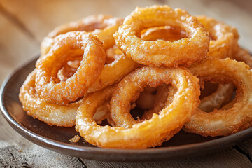 Wall Mural - A close-up of golden, crispy onion rings piled on a dark plate, showcasing their texture and appetizing appearance.