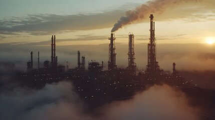 A sunset over a city with many industrial plants. The sky is orange and the sun is setting