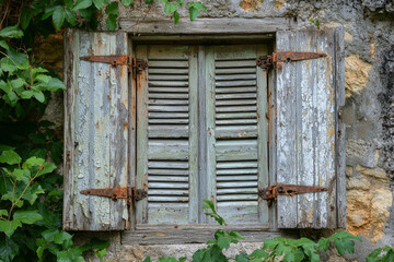 A rustic wooden window with green shutters, partially covered by vines, set against a stone wall.