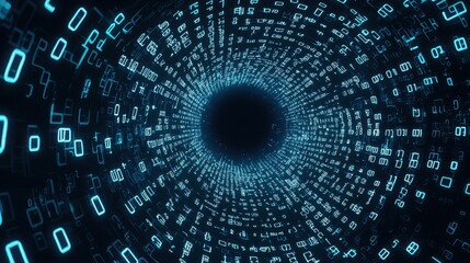Digital Tunnel with Blue Neon Lights and Data Stream