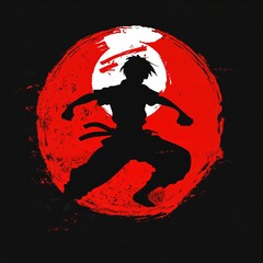 Silhouette of a martial arts fighter jumping in front of a red circle.