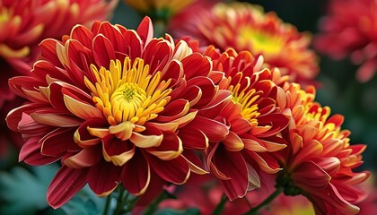 Sticker - The beautiful red chrysanthemum has a yellow center and layered petals, showing its natural artistic charm.