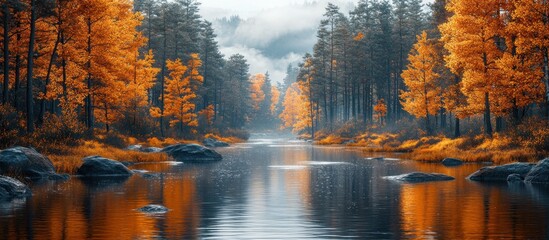 Wall Mural - Autumn River with Golden Trees