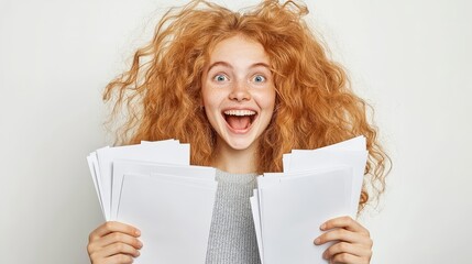 Excited Woman with Messy Red Hair Holding Blank Papers