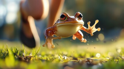 Curious Tree Frog Leaping in Lush Green Grass and Leaves