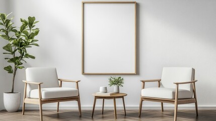 Two armchairs in room with white wall and big frame poster on it Scandinavian style interior design of modern living room