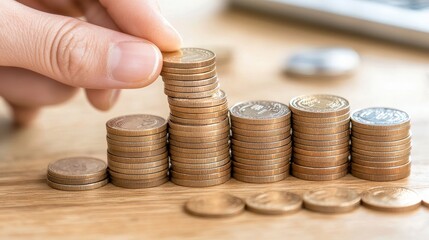 Wall Mural - Hand Placing Coin On Stack Of Coins   Financial Growth Concept