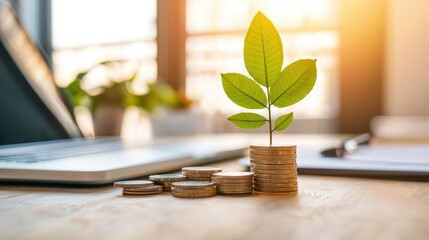 Wall Mural - Green Plant Growing From Stack Of Coins  Financial Growth  Investment Concept