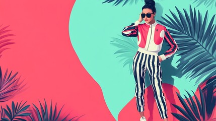 A stylish woman in a pink and white jacket and striped pants poses against a colorful background with palm leaves.