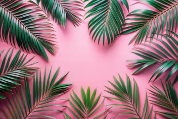 Vibrant green palm leaves on pink background exuding tropical and nature theme