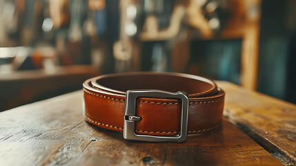 Wall Mural - A brown leather belt with a silver buckle resting on a wooden surface.