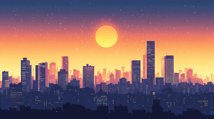 A digital illustration of a city skyline at sunset.