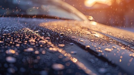 Wall Mural - A detailed view of tiny hailstones on a dark car surface following a summer storm, captured in daylight with selective focus.