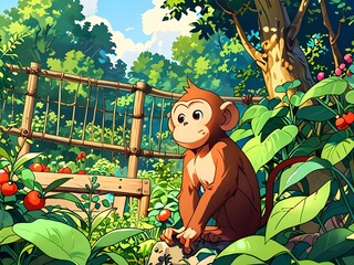 Sticker - Curious Monkey in Lush Greenery