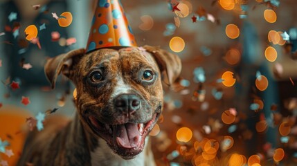 Wall Mural - Joyful Canine Celebrating Birthday with Hat and Confetti