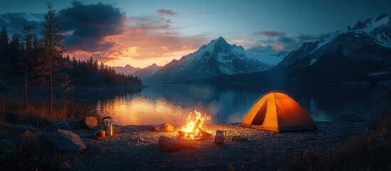 Canvas Print - Campfire and Tent by the Lake