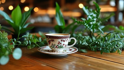 Wall Mural - An exquisite coffee cup is placed on a wooden table, dotted with green plants, creating a comfortable and pleasant atmosphere.