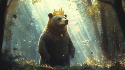 A bear wearing a golden crown, standing tall in a forest clearing, light filtering through the trees.