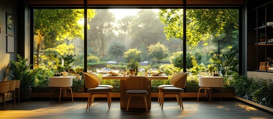 Poster - Modern Restaurant Interior with Panoramic Garden View