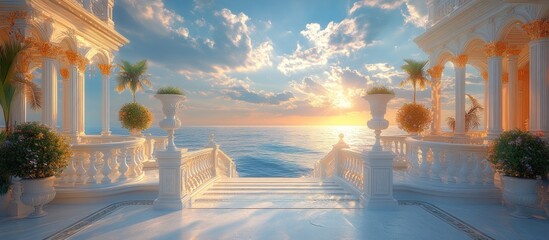 Canvas Print - Sunset over the Ocean from a White Balcony