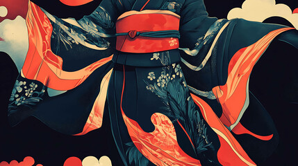 Wall Mural - Close-up of a woman in a flowing black and orange Japanese kimono.