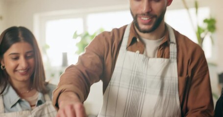 Poster - Couple, cooking and class with chef in home with cheese, learning and smile for nutrition in kitchen. Man, people and coach for teaching, lesson and meal prep for diet, dinner or food in apartment