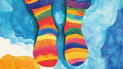 Colorful striped socks painted in vibrant colors on a blue background.