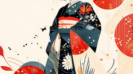 Wall Mural - A modern illustration of a woman wearing a traditional Japanese kimono.