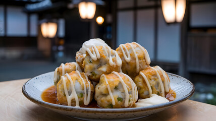 Close-up of a plate of Japanese Takoyaki topped with green onions and sauce in a cozy Japanese restaurant setting with soft lighting and traditional interior design. 