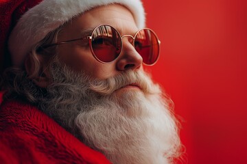 Portrait of a cool man with a white beard in a Santa Claus costume and sunglasses isolated on a red background, in the minimalistic style, copy space concept.