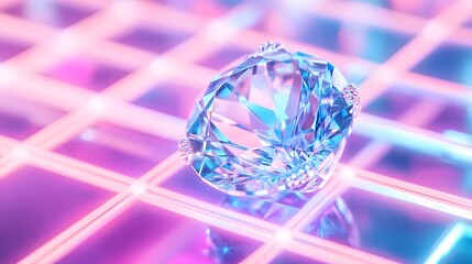 Poster - Blue Diamond Gemstone on Neon Grid Background